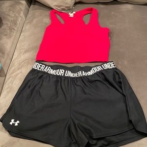 Under armour shorts and red tank top